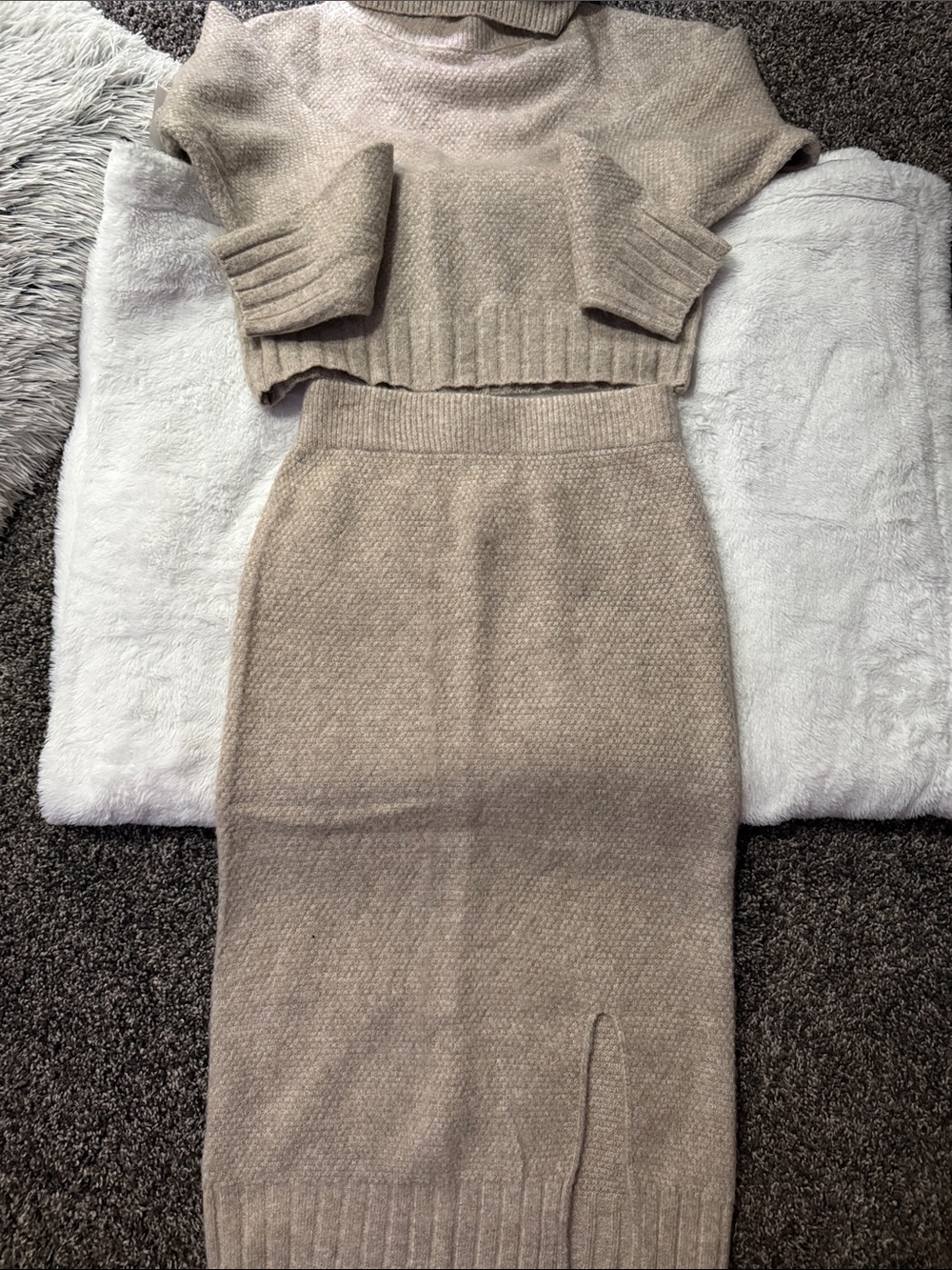 Neutral Taupe Knit Skirt Set — Cozy Two-Piece